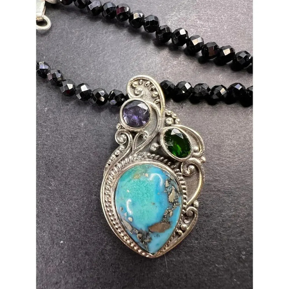 Black spinel and turquoise multi gem sterling silver pendant necklace - Picture 2 of 11